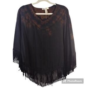 Studio West Apparel Black Tie Dye Boho Popover Shawl Fringe Size XL
